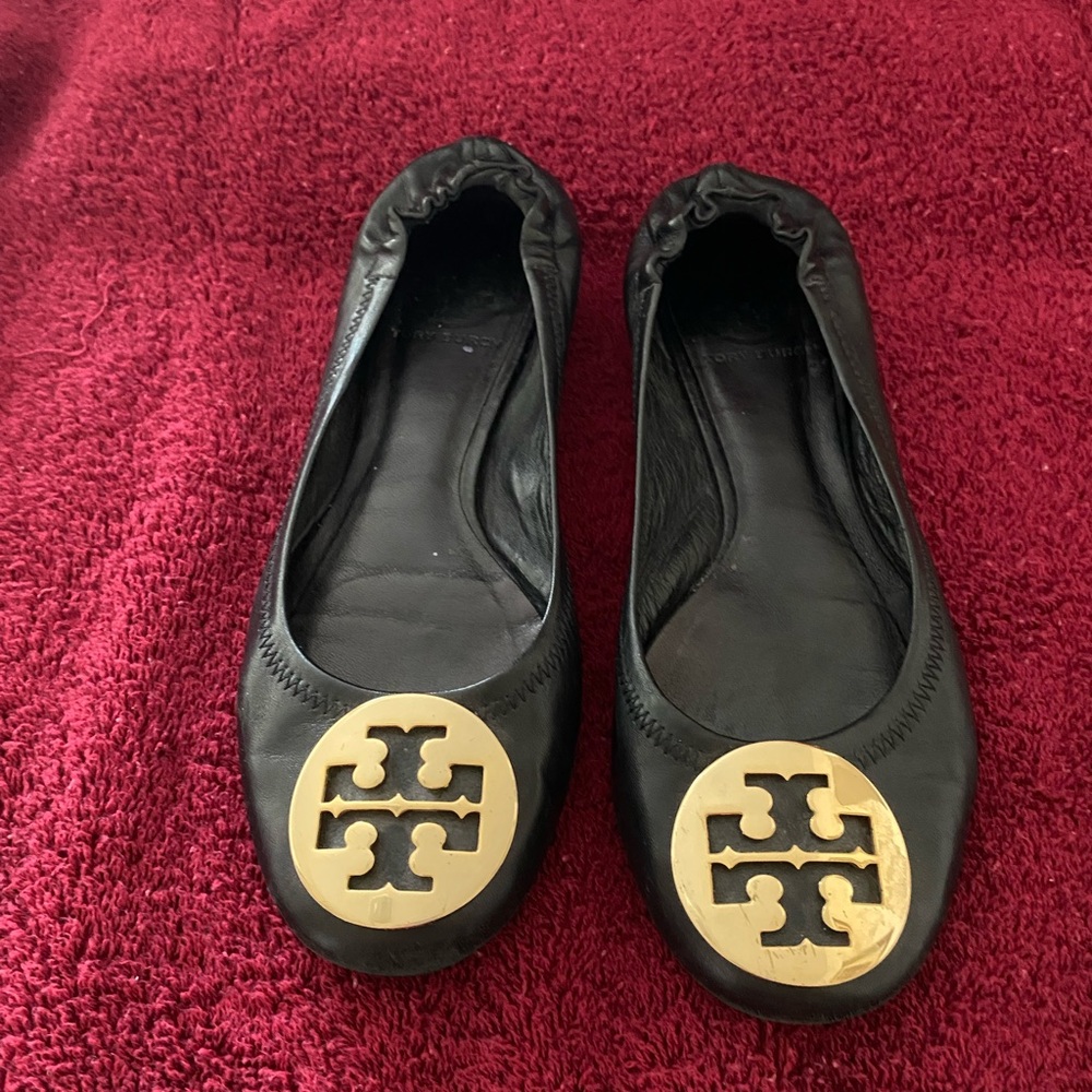 Tory Burch Black Leather Flats with Gold Logo